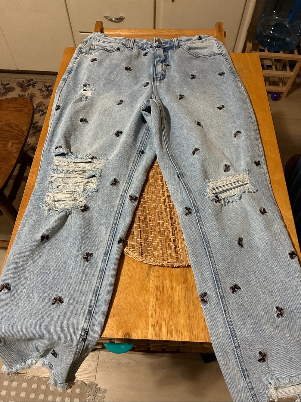 Light Blue Distressed High-Rise Jeans with Embroidered Hearts